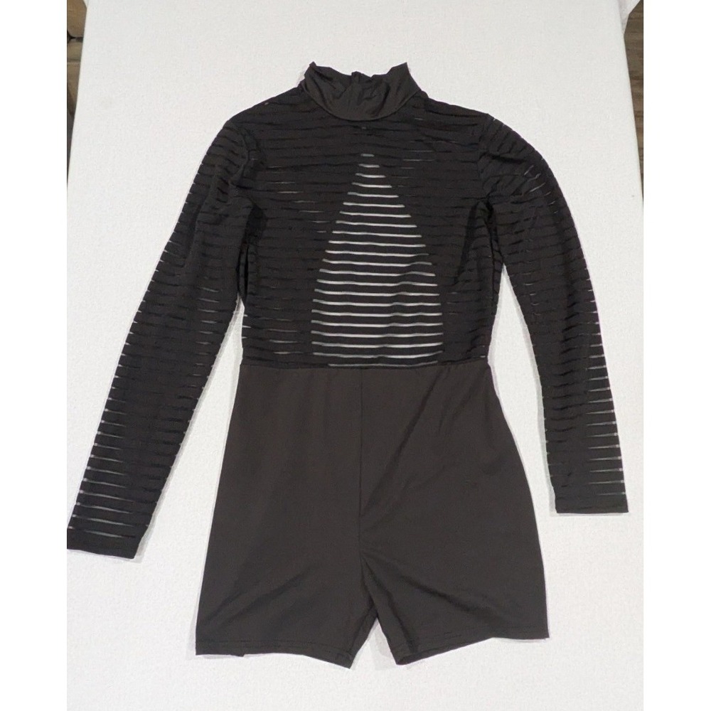Unbranded Romper Women M Black Excellent Sheer Mesh Open Back Mock Neck Striped